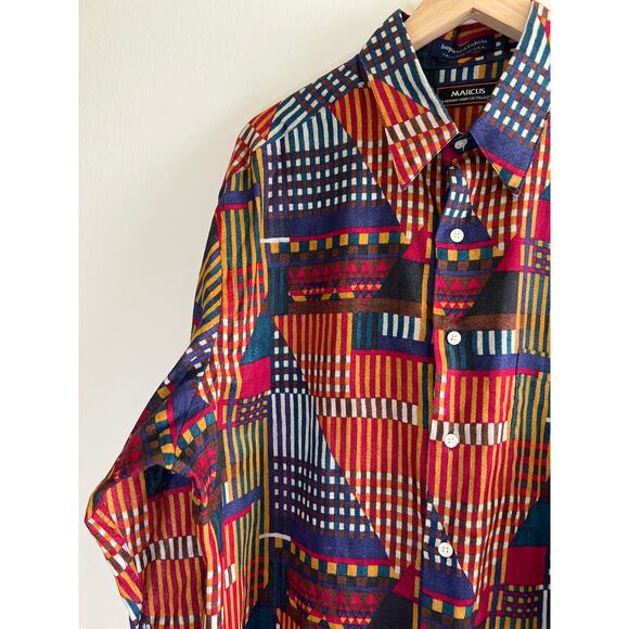 VINTAGE | Marcus by Neiman Marcus Linen Blend Abstract Pattern Button-Down Shirt - Picture 13 of 16